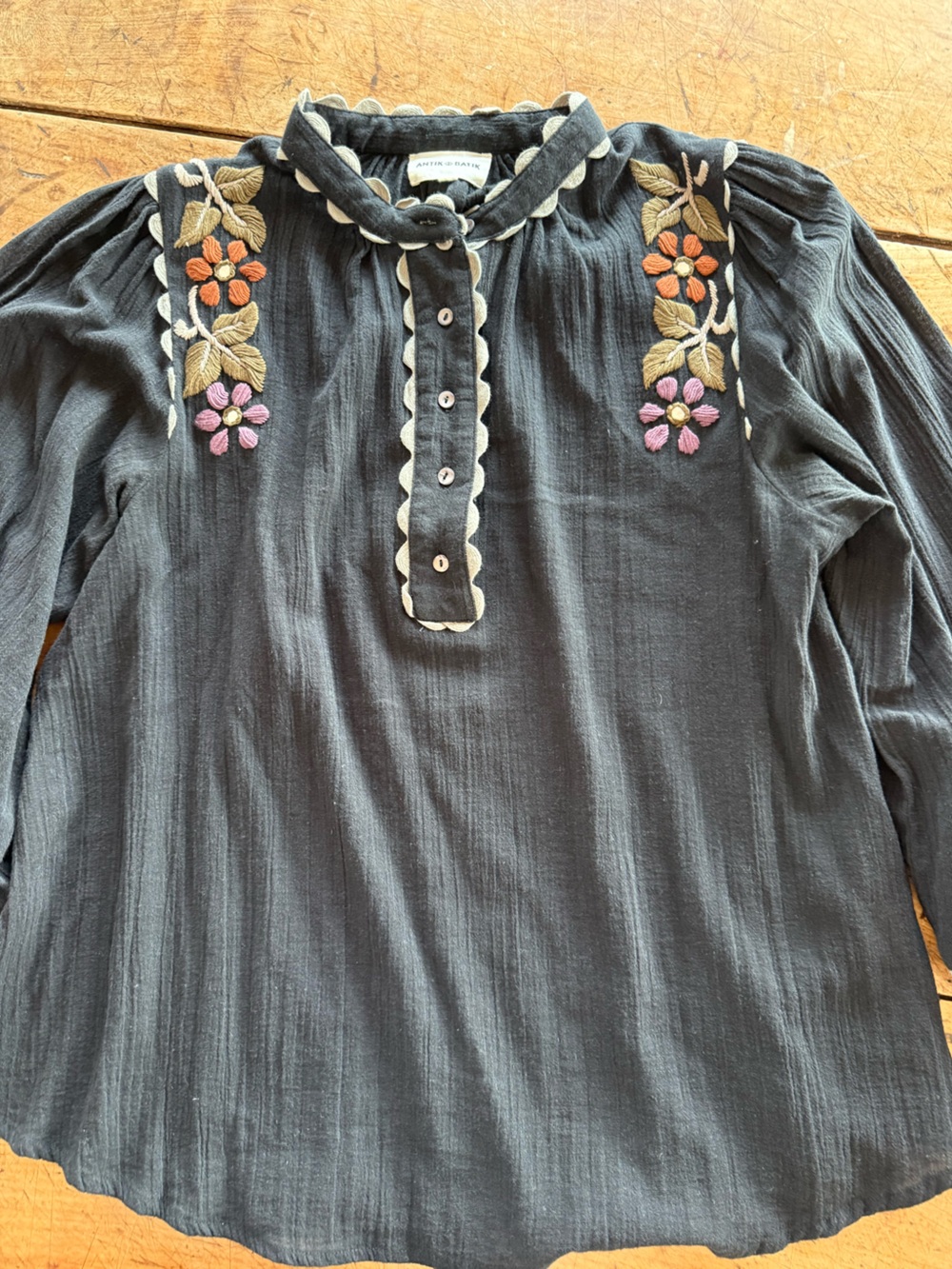 Womens Black Embroidered Peasant Blouse with Floral Accents by Antik Batik